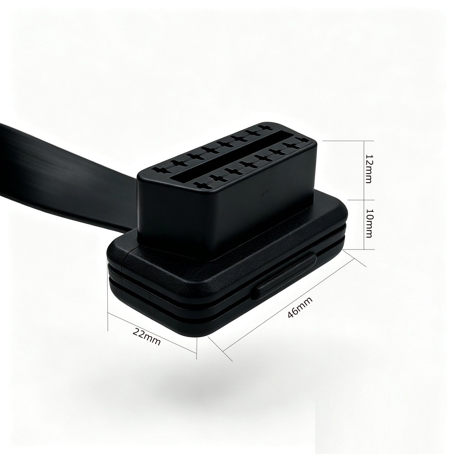 OBD2 Diagnosekabel CB-623 – Maßzeichnung des ultraflachen 90°-Winkelsteckers: Gehäuse 46 x 22 x 10 mm, Steckkörper 12 mm, Flachbandkabel mit seitlichem Abgang