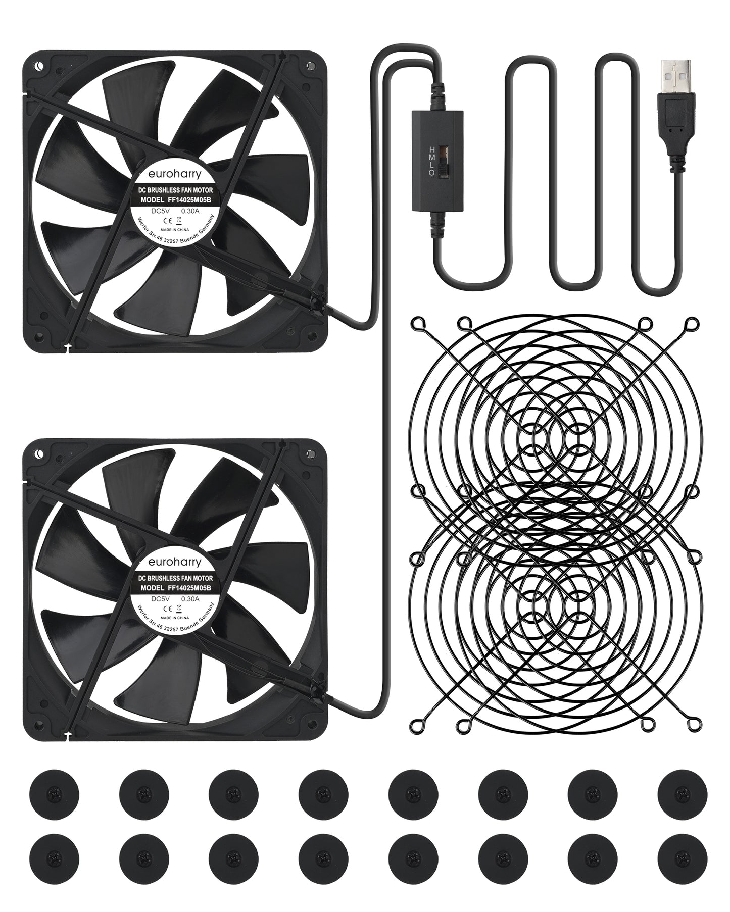 Euroharry GmbH 140mm USB fan with metal grill, silent mini fan for PC, TV box, PS4, router, and AV equipment.