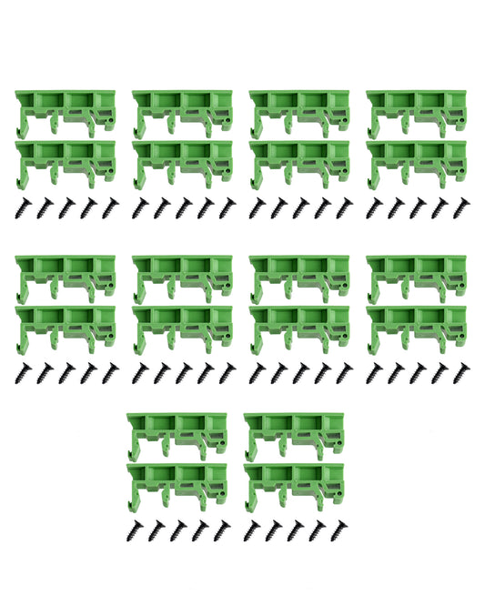 Green mounting clip for DIN rail PCB installation, 10-pack from Euroharry GmbH, suitable for industrial electrical enclosures.