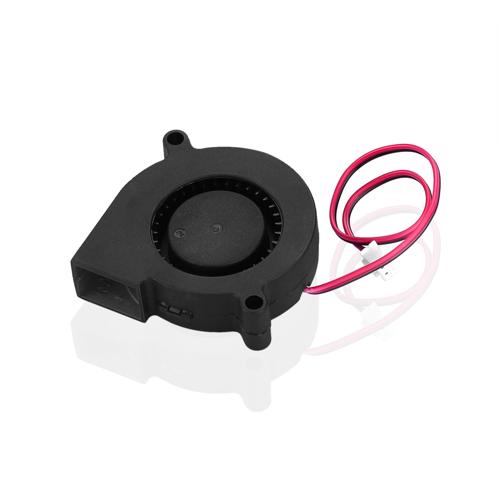 Two 12V radial cooling fans for 3D printers and humidifiers, 50x15mm, from Euroharry GmbH, shown in the image.