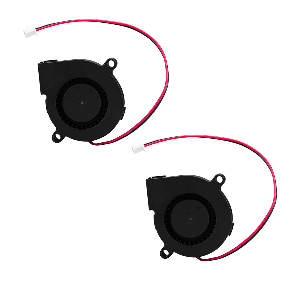 Two Euroharry GmbH 12V radial cooling fans for 3D printers, 50x15mm, shown mounted on a 3D printer component.