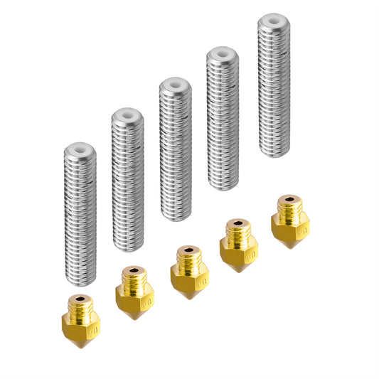 Set of 10 30mm extruder filaments and 5 brass 0.4mm nozzles for MK8 3D printers, including Makerbot and Reprap models.