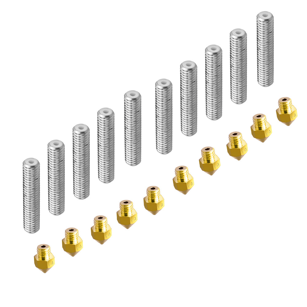 Set of 10 30mm length extruder filaments and 5 brass 0.4mm nozzles for MK8 3D printers, compatible with Makerbot Reprap.