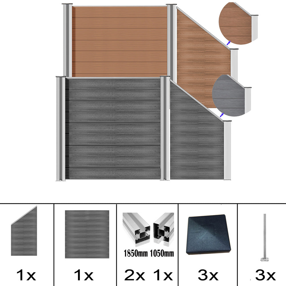 WPC Sichtschutzzaun mit Aluminium-Pfosten, grau und braun, komplettset von Euroharry GmbH, showing panels and posts in a garden setting.
