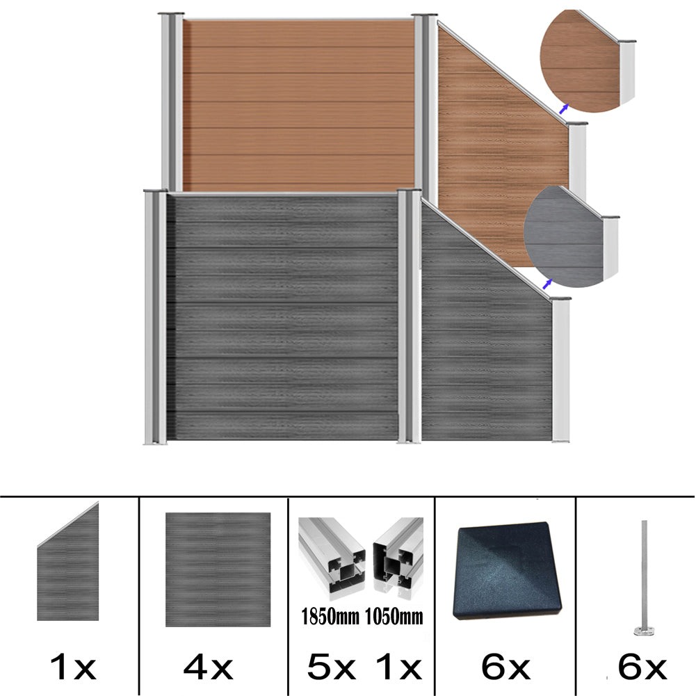 WPC Sichtschutzzaun mit Aluminium-Pfosten, in Grau und Braun, komplettset von Euroharry GmbH, showing panels and posts in a garden setting.