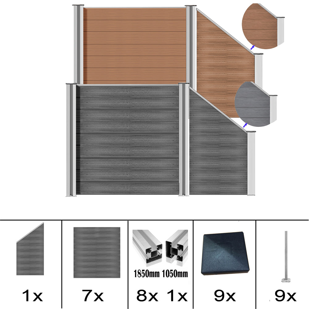 WPC Sichtschutzzaun mit Aluminium-Pfosten in Grau und Braun, komplettset von Euroharry GmbH, installed for privacy and style.