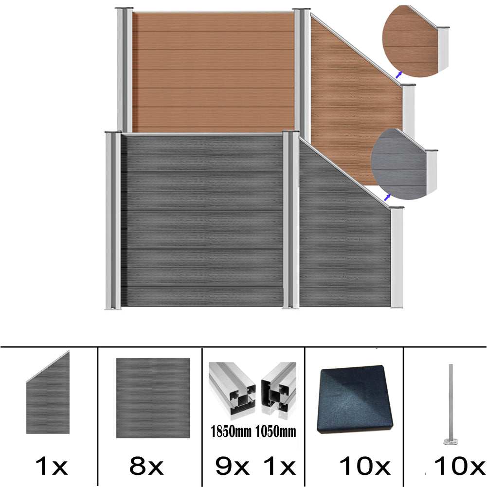 WPC Sichtschutzzaun mit Aluminium-Pfosten in Grau und Braun, komplett set, ideal für privacy und Gartenbegrenzung.