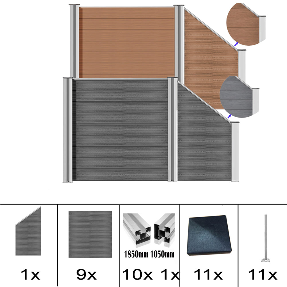 WPC Sichtschutzzaun mit grau und braunen Alu-Pfosten, komplettset von Euroharry GmbH, displays modern fencing panels and posts.