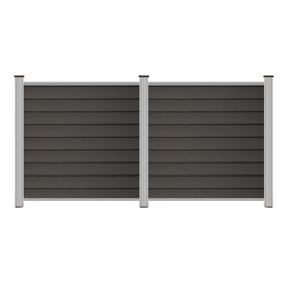 Gray WPC fence panels with aluminum starter strip and top bar, durable PE material from Euroharry GmbH.