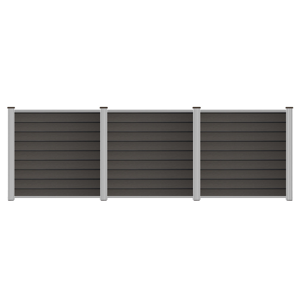 Gray WPC fence panel with aluminum start strip and top bar, featuring new PE material from Euroharry GmbH.