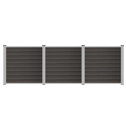 Gray WPC fence panel with aluminum start strip and top bar, featuring new PE material from Euroharry GmbH.