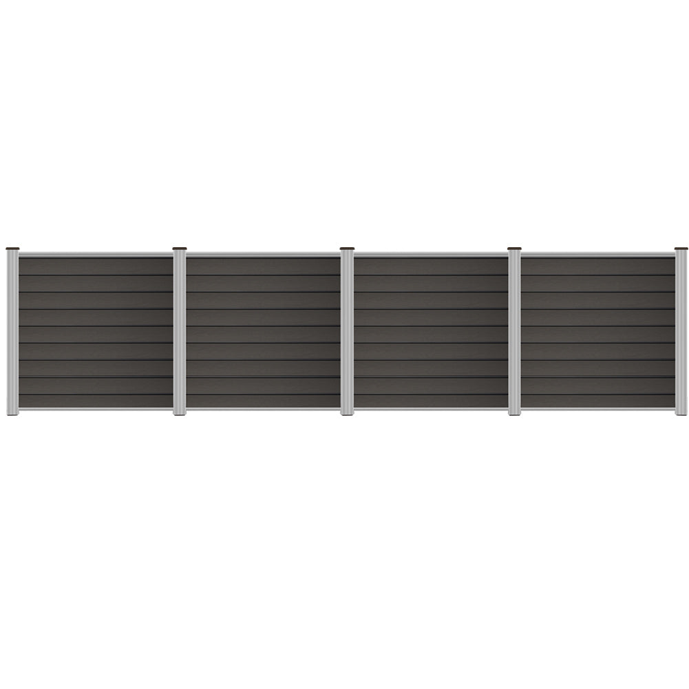 Gray WPC fence panel with aluminum start and top rail from Euroharry GmbH, featuring PE material and modern design.