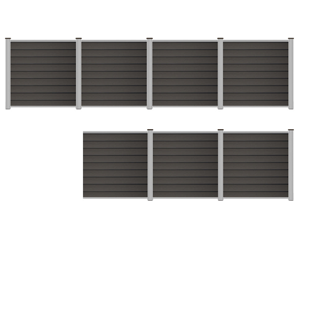 Gray WPC fence panel with aluminum start strip and top bar, featuring durable PE material from Euroharry GmbH.