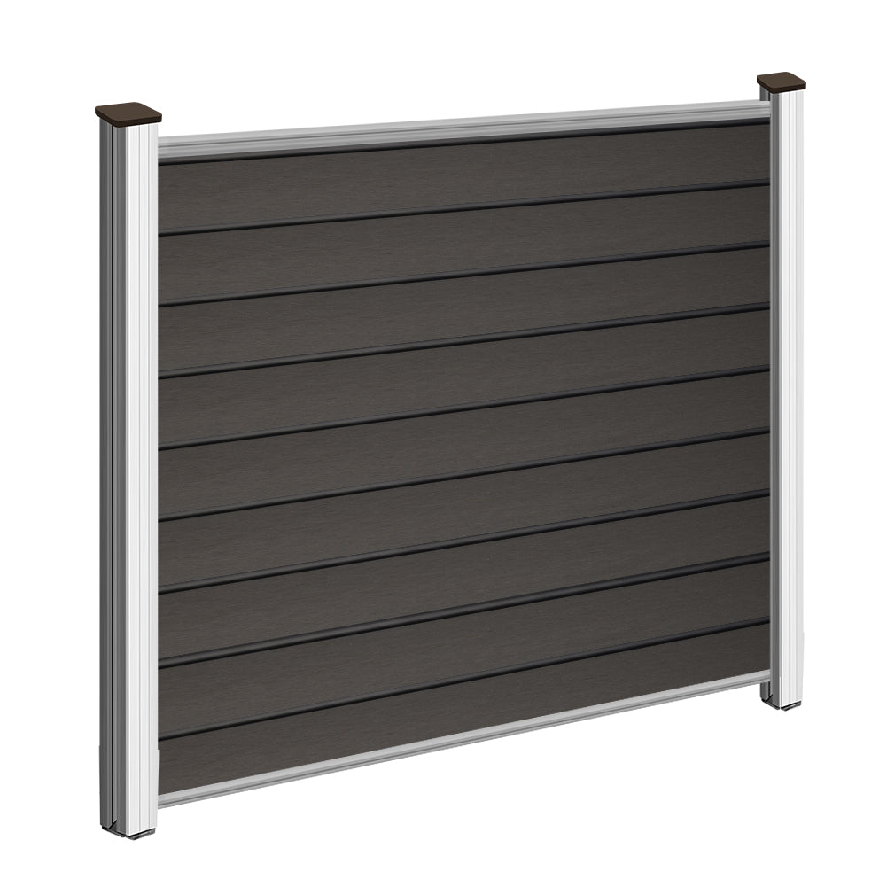 Gray WPC fence panels with aluminum start strip and top bar, featuring durable PE material from Euroharry GmbH.