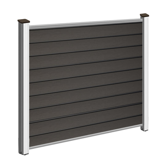 Gray WPC fence panels with aluminum start strip and top bar, featuring durable PE material from Euroharry GmbH.