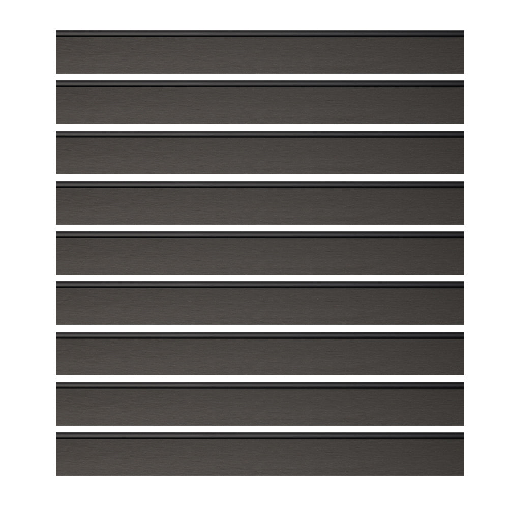 Gray WPC fence panels with aluminum starter strip and top bar from Euroharry GmbH, featuring new PE material for durability.