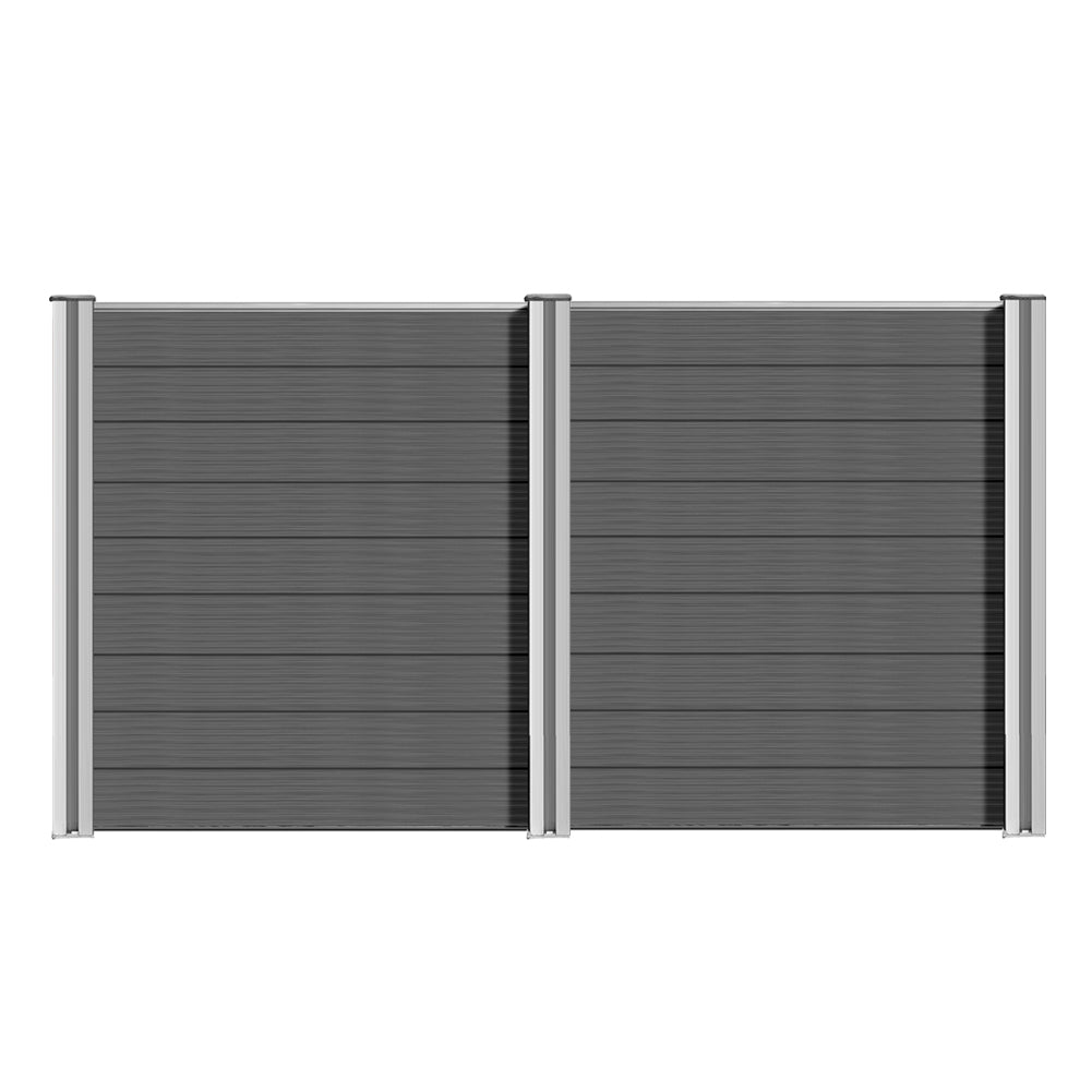 WPC Sichtschutzzaun Komplettset with aluminum posts in gray and brown by Euroharry GmbH, showing the fence panels and installation components.