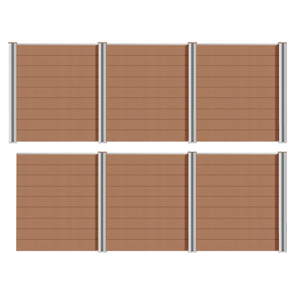 WPC Sichtschutzzaun mit Aluminium-Pfosten Komplettset in Grau und Braun, featuring slatted panels for privacy and modern design.