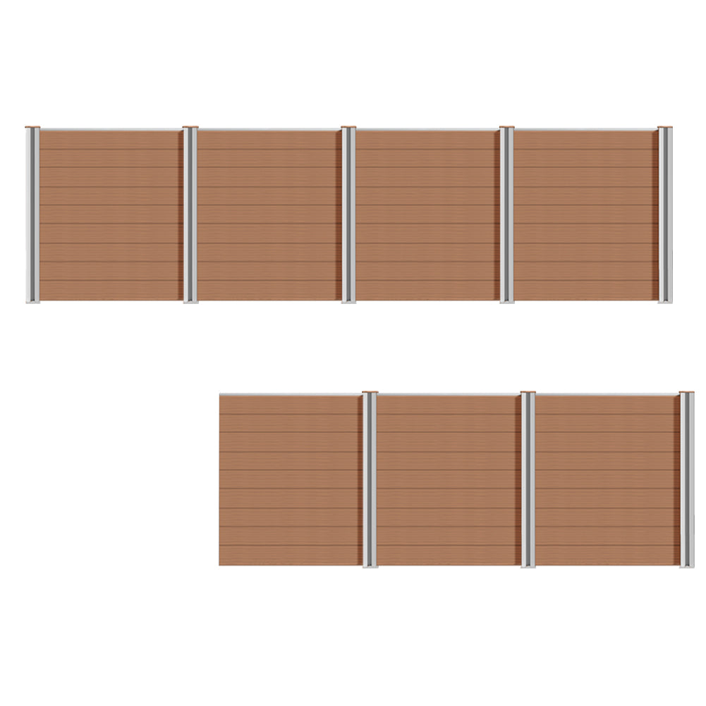 WPC Sichtschutzzaun mit Alu-Pfosten in Grau und Braun, komplettset von Euroharry GmbH, showing fence panels and posts.