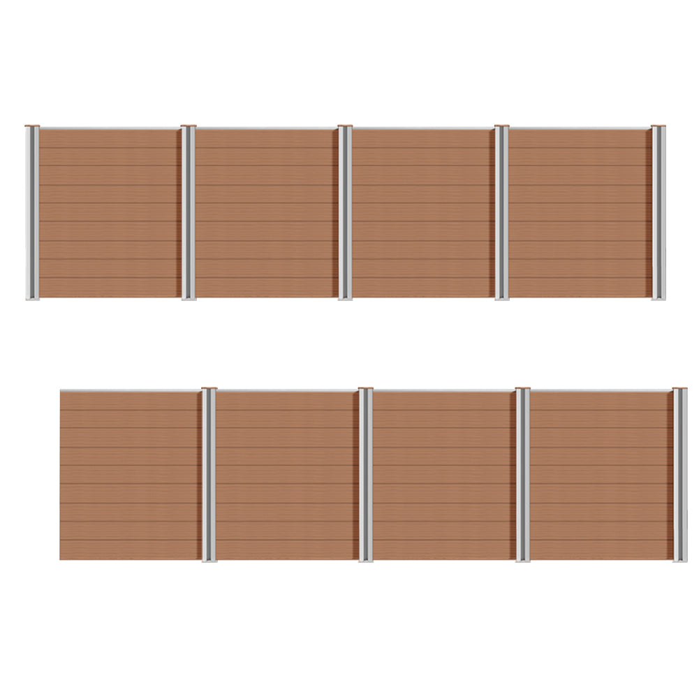 WPC Sichtschutzzaun mit grauen und braunen Aluminium-Pfosten, komplettset, von Euroharry GmbH, ideal für privaten Sichtschutz.