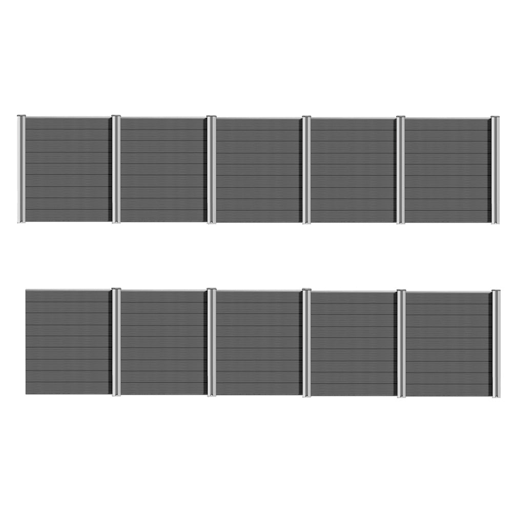 WPC Sichtschutzzaun mit grauen und braunen WPC-Zaunpaneelen und Aluminium-Pfosten, komplettset von Euroharry GmbH.