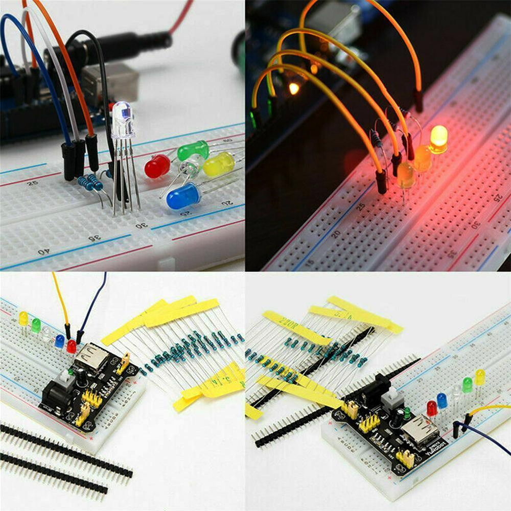 Starter kit for electronic components showing resistors, capacitors, potentiometers, and breadboard compatible with Raspberry Pi and Arduino.