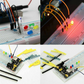Starter kit for electronic components showing resistors, capacitors, potentiometers, and breadboard compatible with Raspberry Pi and Arduino.