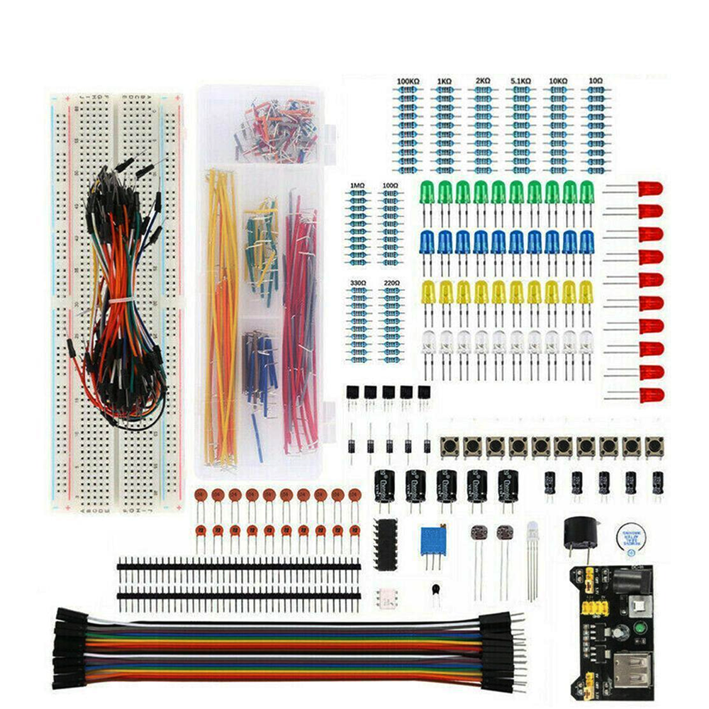 Electronic components starter kit from Euroharry GmbH with potentiometers, resistors, capacitors, breadboard for Arduino and Raspberry Pi beginners.