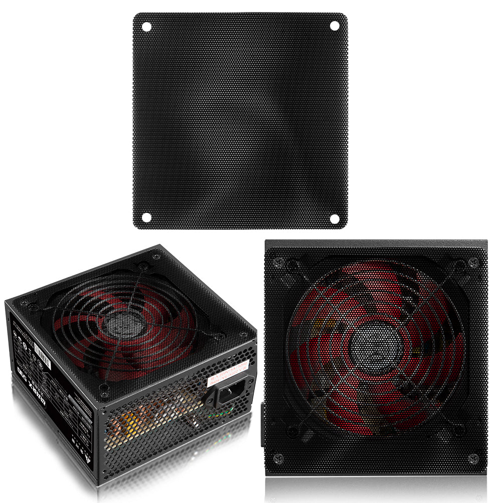 Set of ten black 120mm/140mm PC fan dust filters with ultra-fine mesh for computer case ventilation.
