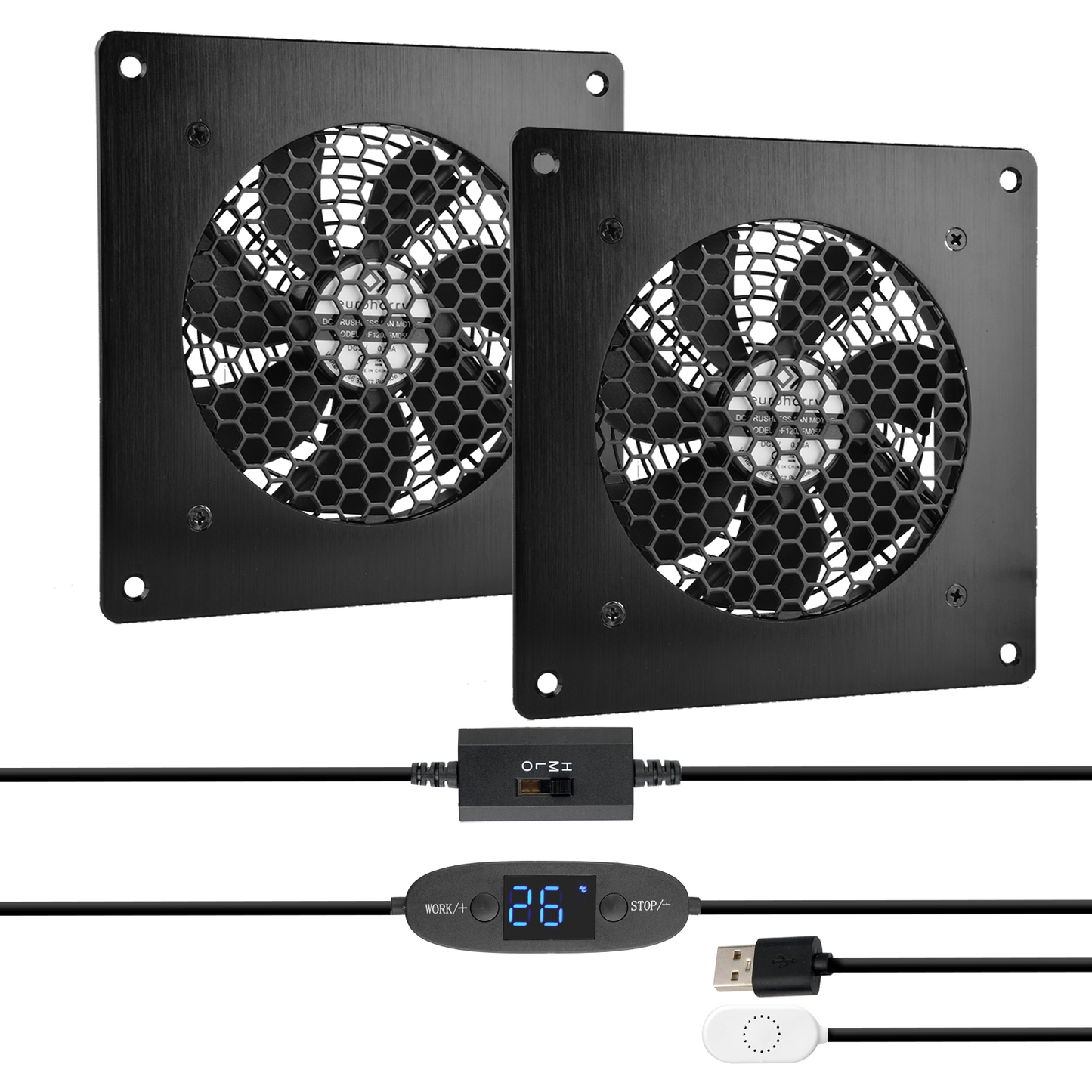 Digitalanzeige temperaturgesteuertes leises Lüftersystem, USB-Lüfter, 5V-Lüfter mit modernem gebürstetem schwarzem Aluminiumrahmen für Heimkino-AV-Schränke (euroharry) - Euroharry GmbH