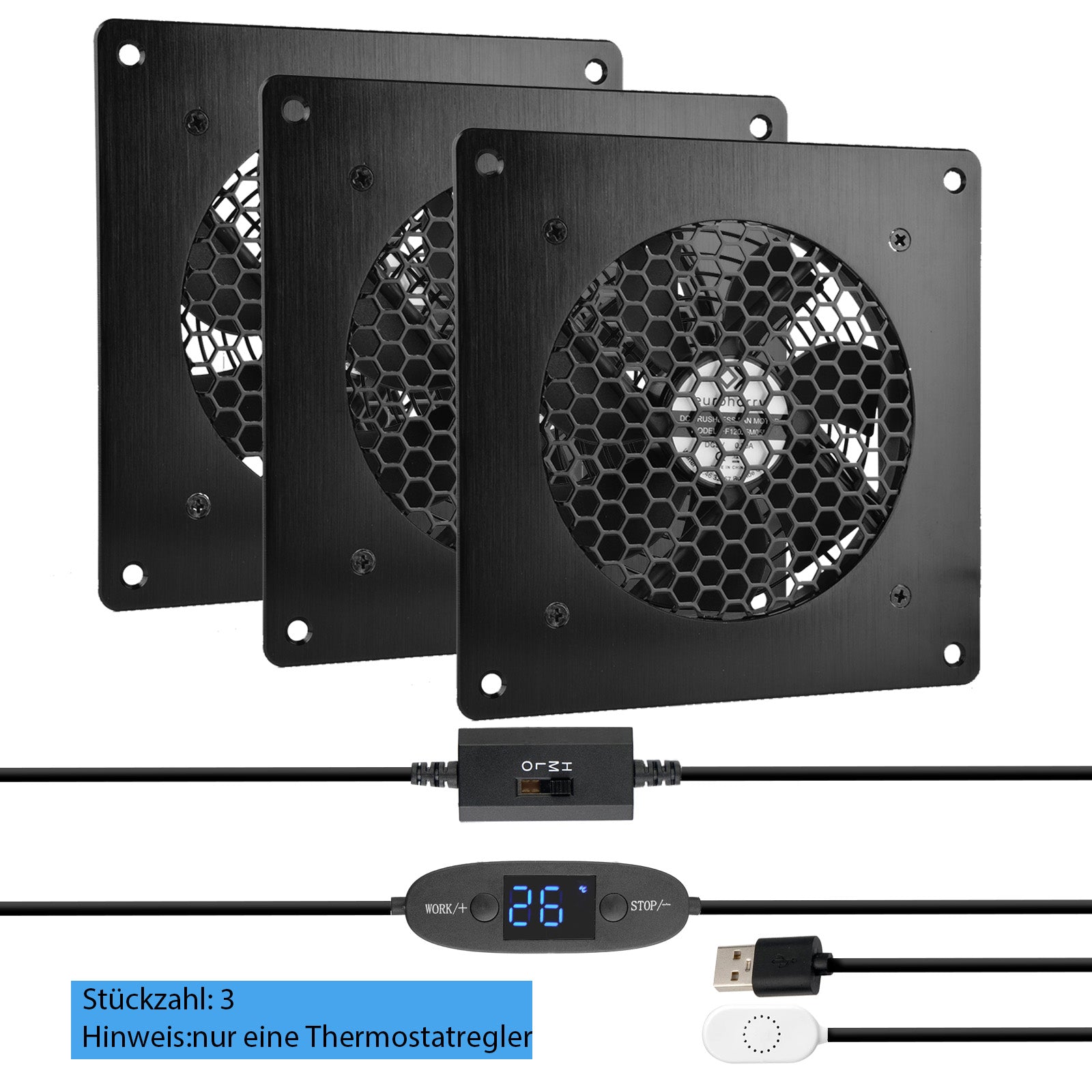 Digitalanzeige temperaturgesteuertes leises Lüftersystem, USB-Lüfter, 5V-Lüfter mit modernem gebürstetem schwarzem Aluminiumrahmen für Heimkino-AV-Schränke (euroharry) - Euroharry GmbH