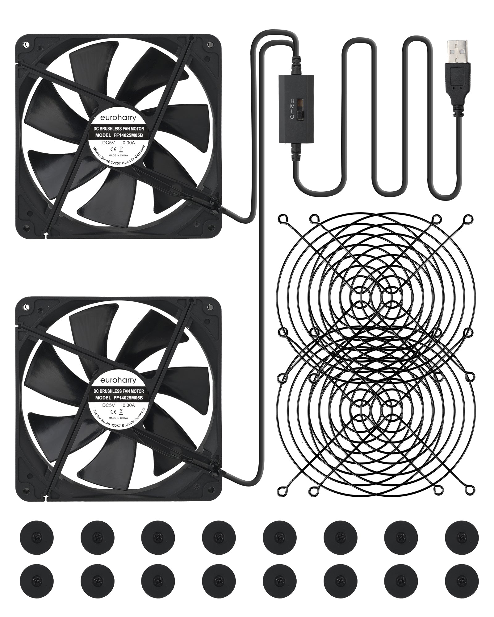 Euroharry GmbH 140mm USB fan with metal grill, silent mini fan for PC, TV box, PS4, router, and AV equipment.