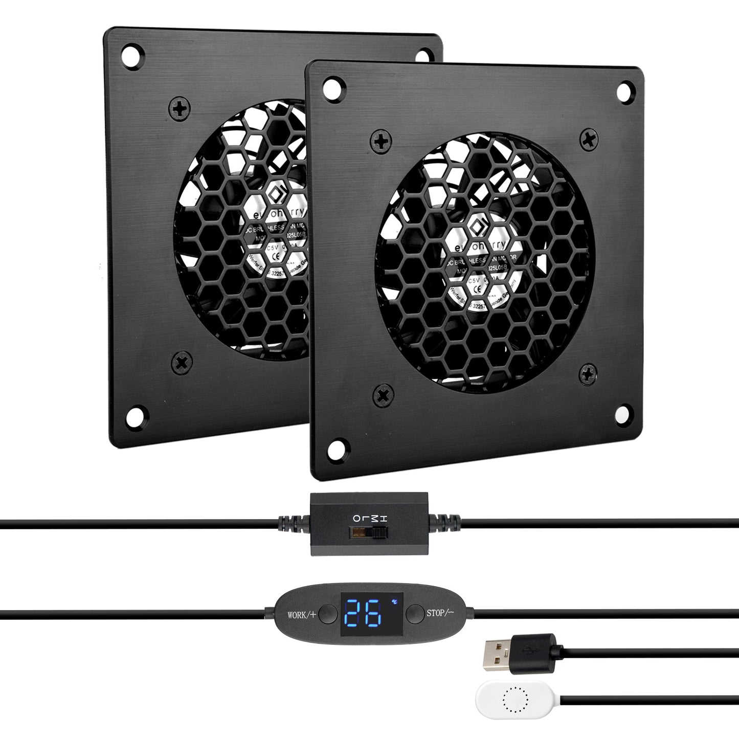 Digitalanzeige temperaturgesteuertes leises Lüftersystem, USB Lüfter 80mm, 5V-Lüfter mit modernem gebürstetem schwarzem Aluminiumrahmen für Heimkino-AV-Schränke (Copy) - Euroharry GmbH