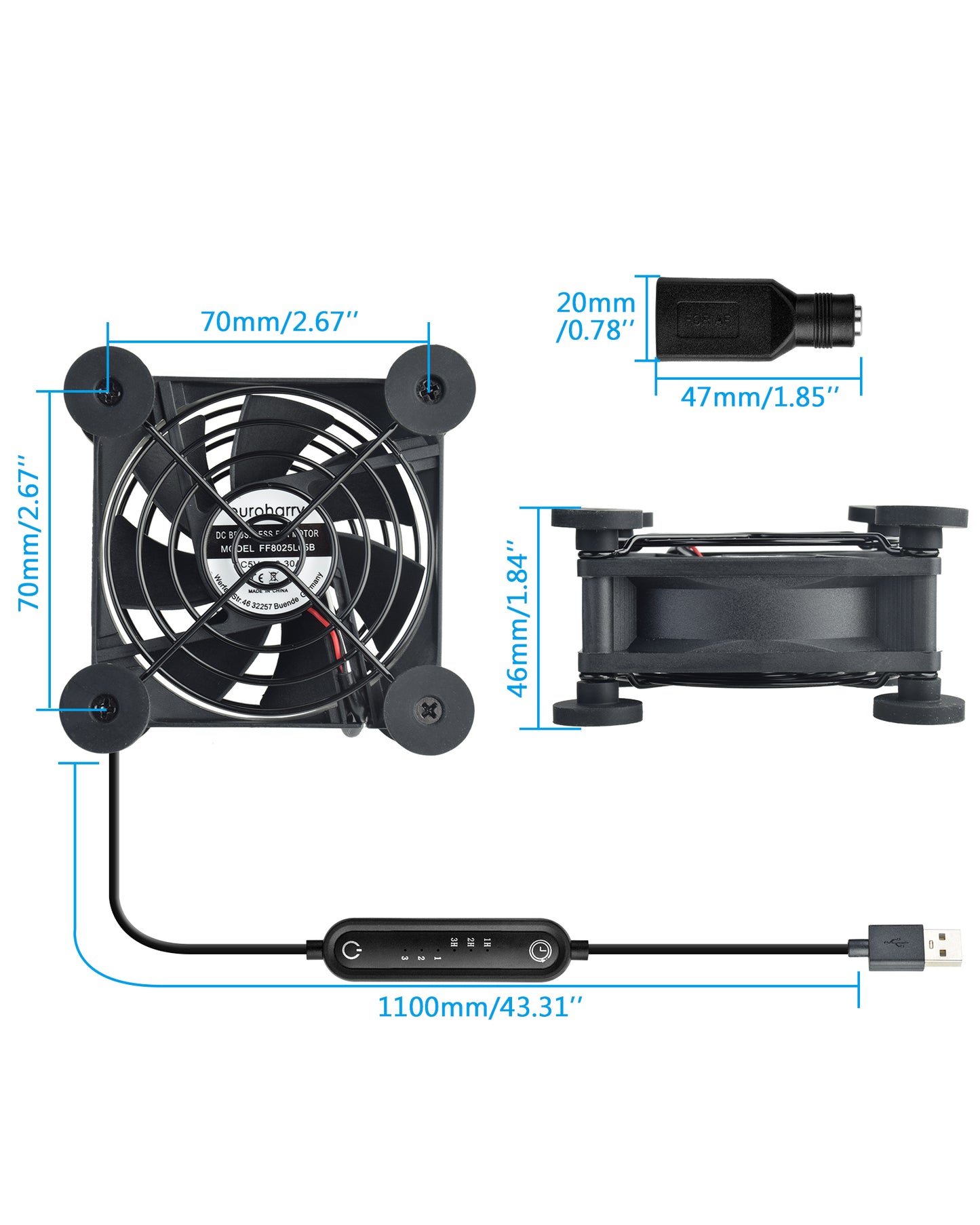 Euroharry USB fan with 80mm blade, 6-speed settings, smart timer, moisture-resistant motor, dustproof, suitable for electronics and pet spaces.