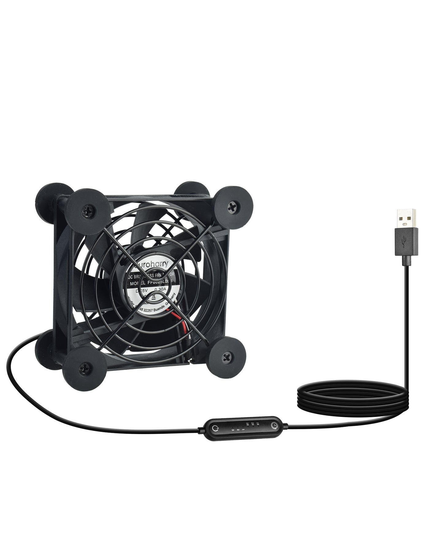 Euroharry USB fan with 80mm blade, 6 speeds, moisture-resistant motor, smart timer, suitable for electronics, pet nests, and plant rooms.