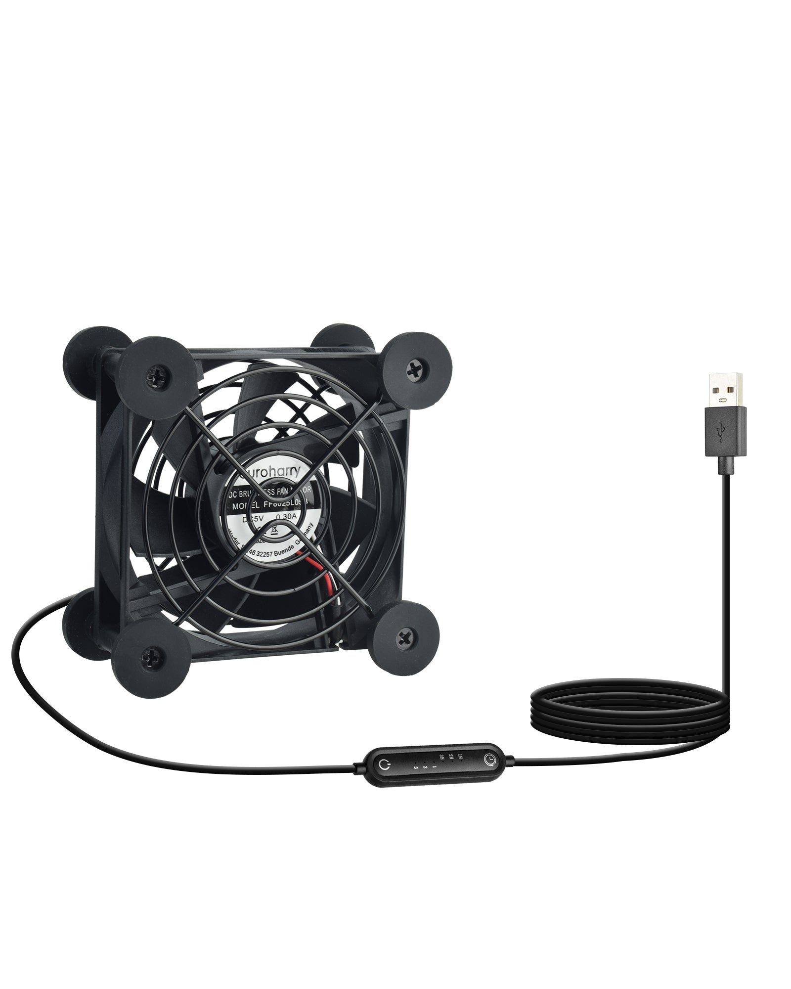 Euroharry USB fan with 80mm blade, 6 speeds, moisture-resistant motor, smart timer, suitable for electronics, pet nests, and plant rooms.