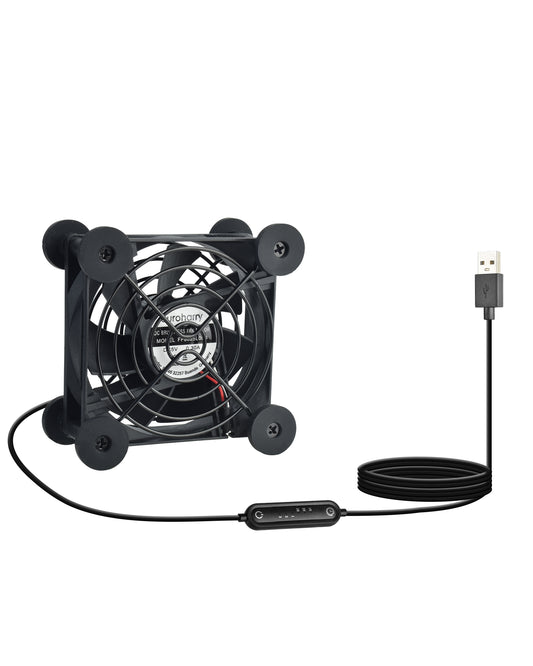 Euroharry USB fan with 80mm blade, 6 speeds, moisture-resistant motor, smart timer, suitable for electronics, pet nests, and plant rooms.