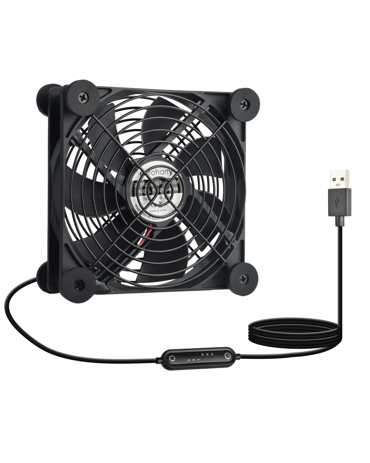 Euroharry USB fan with 120mm blade, 6-speed settings, moisture-resistant IPX5, smart timer, suitable for electronics, pets, and plant rooms.