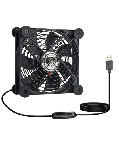 Euroharry USB fan with 120mm blade, 6-speed settings, moisture-resistant IPX5, smart timer, suitable for electronics, pets, and plant rooms.