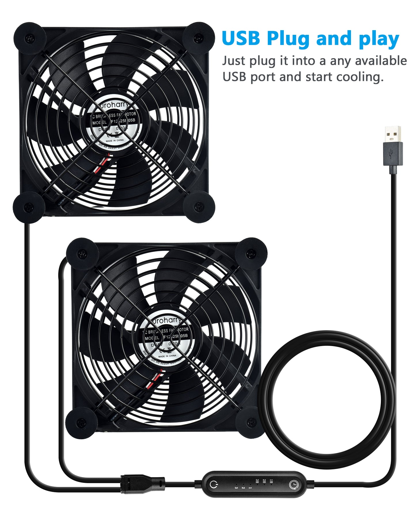 Euroharry USB fan with 120mm blade, 6 speeds, moisture-resistant motor, smart timer, dustproof, suitable for electronics and pet spaces
