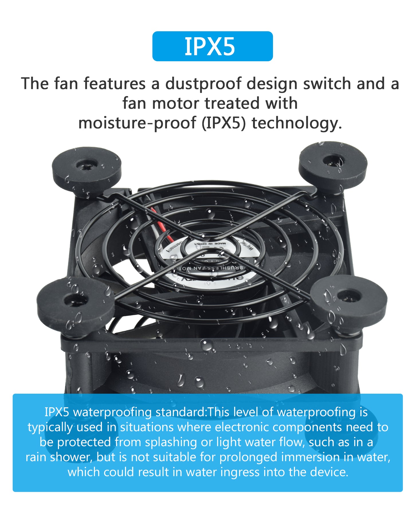 Euroharry USB fan with 120mm blade, 6-speed settings, smart timer, moisture-resistant IPX5, suitable for electronics, pets, plants.
