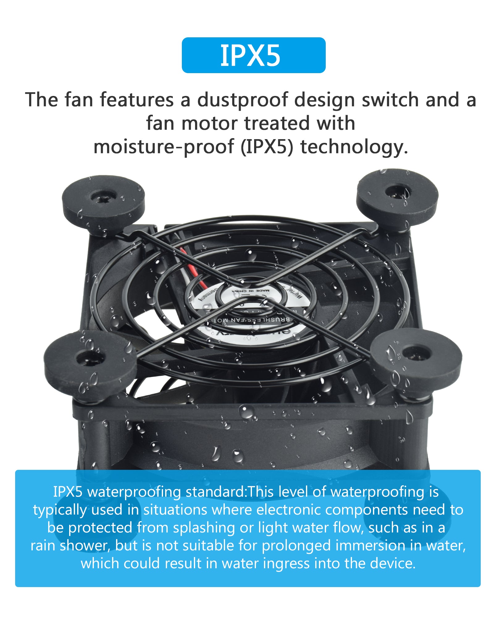 Euroharry USB fan with 120mm blade, 6-speed settings, smart timer, moisture-resistant IPX5, suitable for electronics, pets, plants.