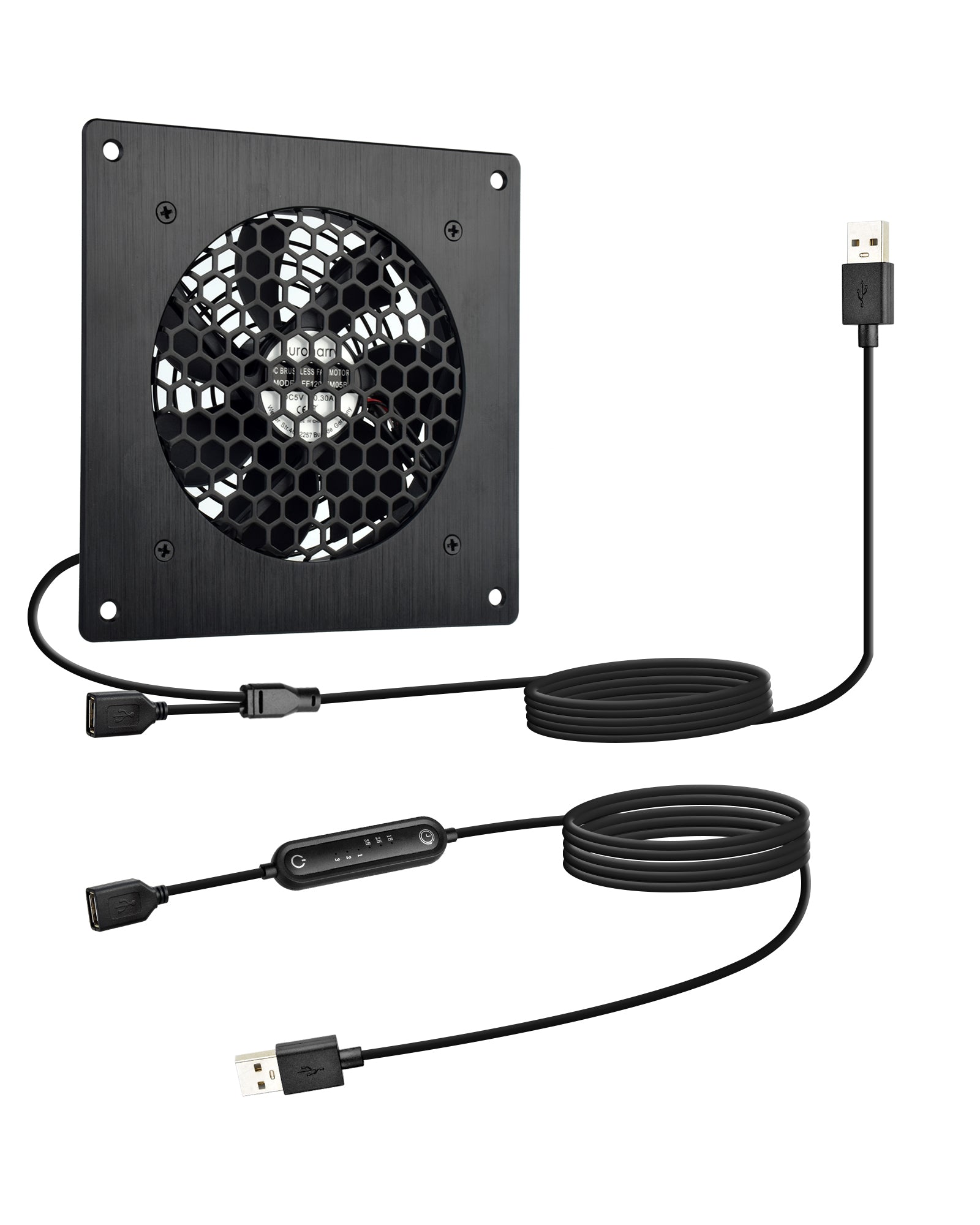 Euroharry USB 120mm quiet fan with brushed black aluminum frame, 6 speeds, smart timer, moisture-resistant, dustproof, 5-12V.