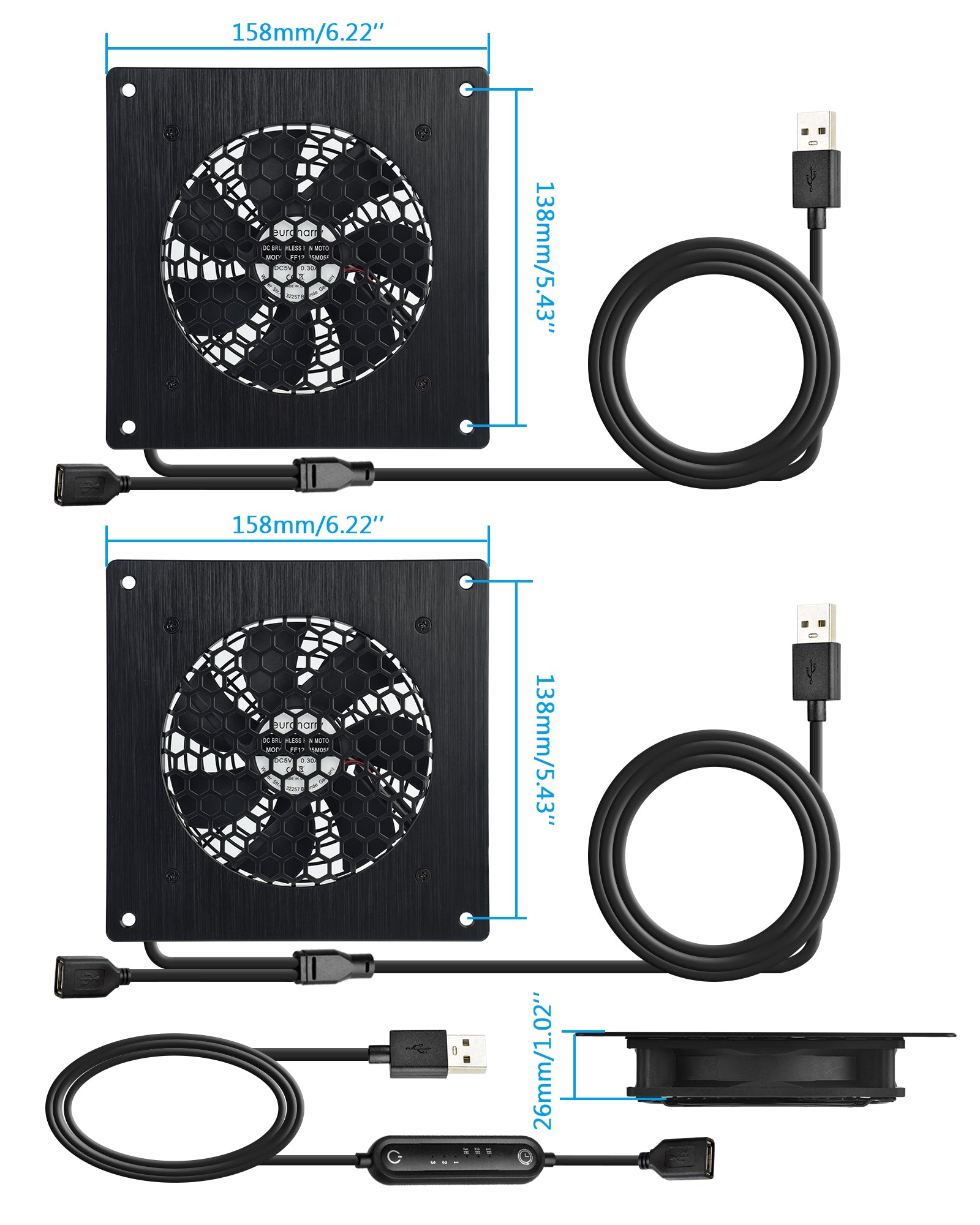 Euroharry USB 120mm quiet fan with brushed black aluminum frame, 6 speeds, smart timer, moisture-resistant IPX5, 5-12V, dustproof.
