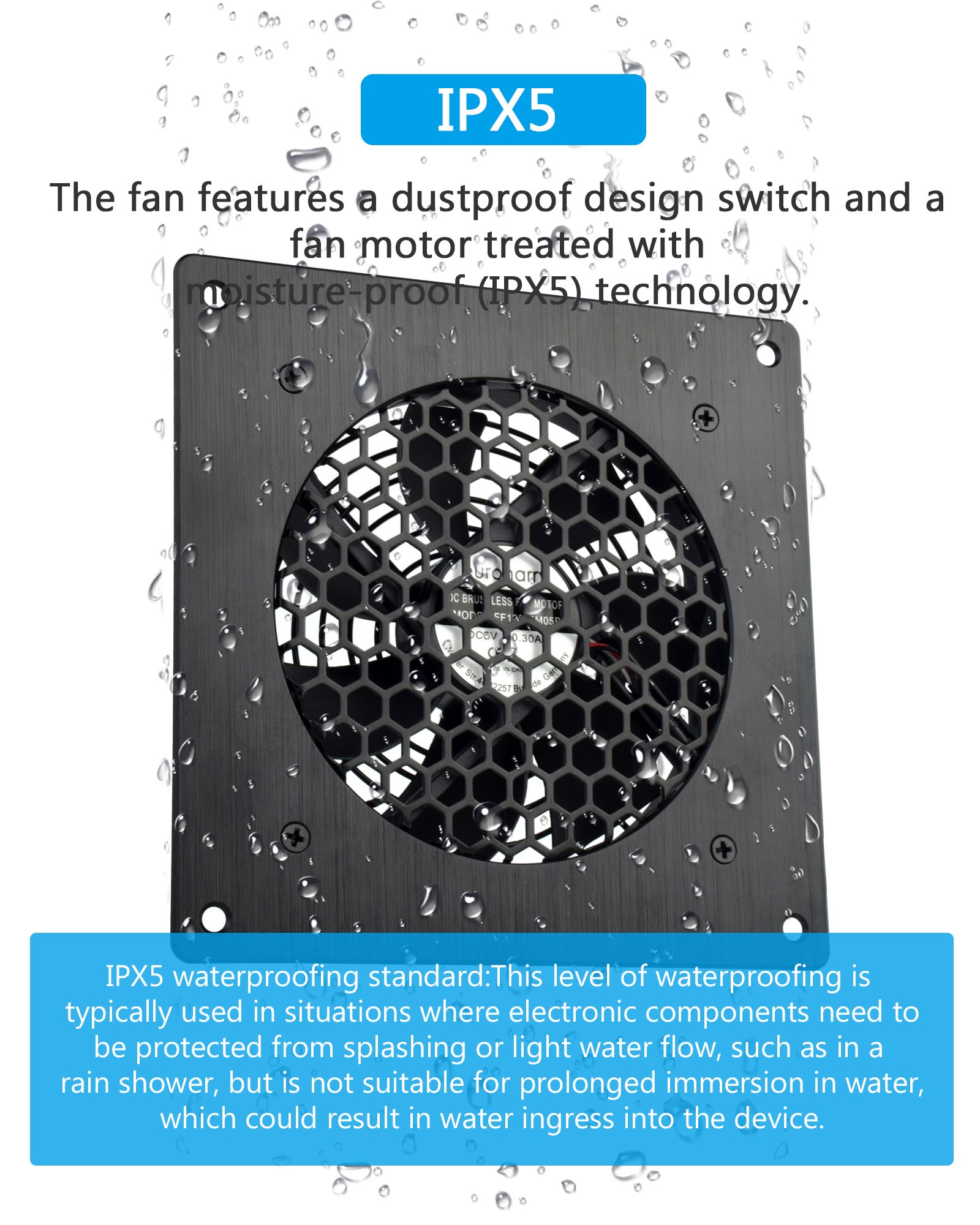 Euroharry USB 120mm silent fan with brushed black aluminum frame, 6 speeds, smart timer, moisture-resistant IPX5, 5-12V, dustproof.