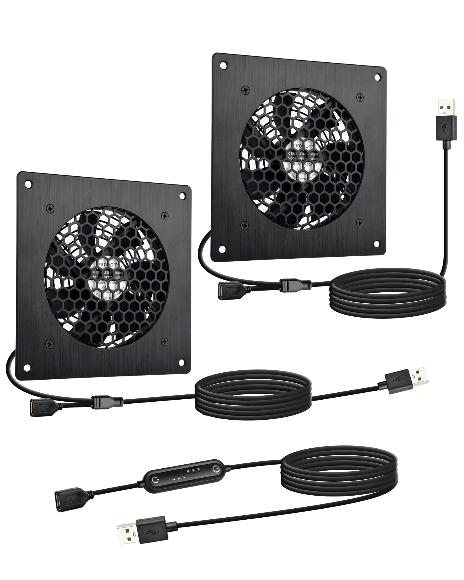 Euroharry USB fan with black brushed aluminum frame, 120mm size, 6 speeds, smart timer, moisture-resistant IPX5, 5-12V voltage.