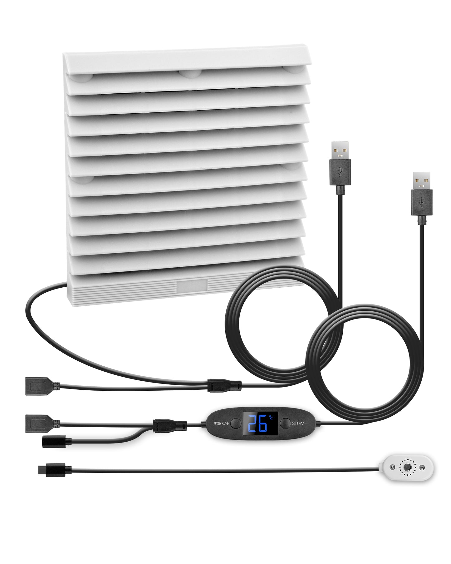 USB fan for RV by Euroharry GmbH, digital temperature control, 120mm quiet ventilation system with 10 speeds, gray-white color.