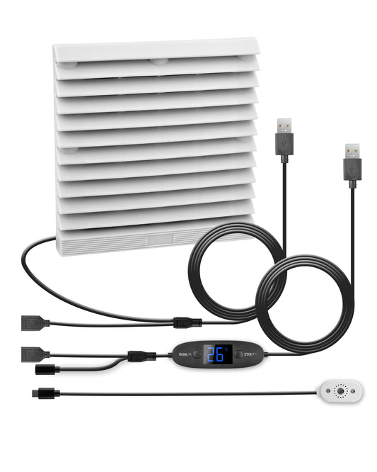 USB fan for RV by Euroharry GmbH, digital temperature control, 120mm quiet ventilation system with 10 speeds, gray-white color.