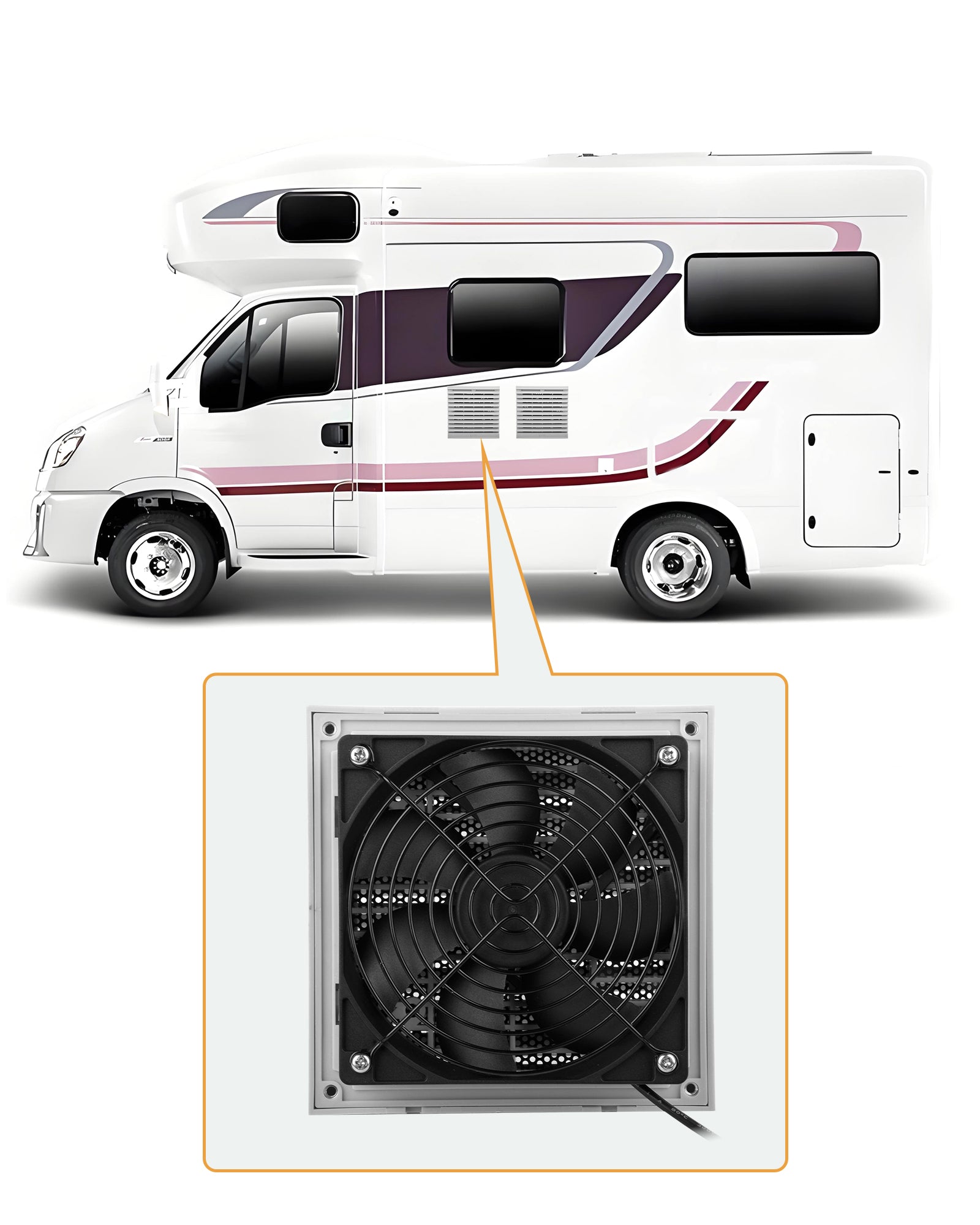 Euroharry GmbH USB 120mm Wohnmobil-Lüftungsventilator with digital temperature control, 10 speeds, IPX5, gray-white color.