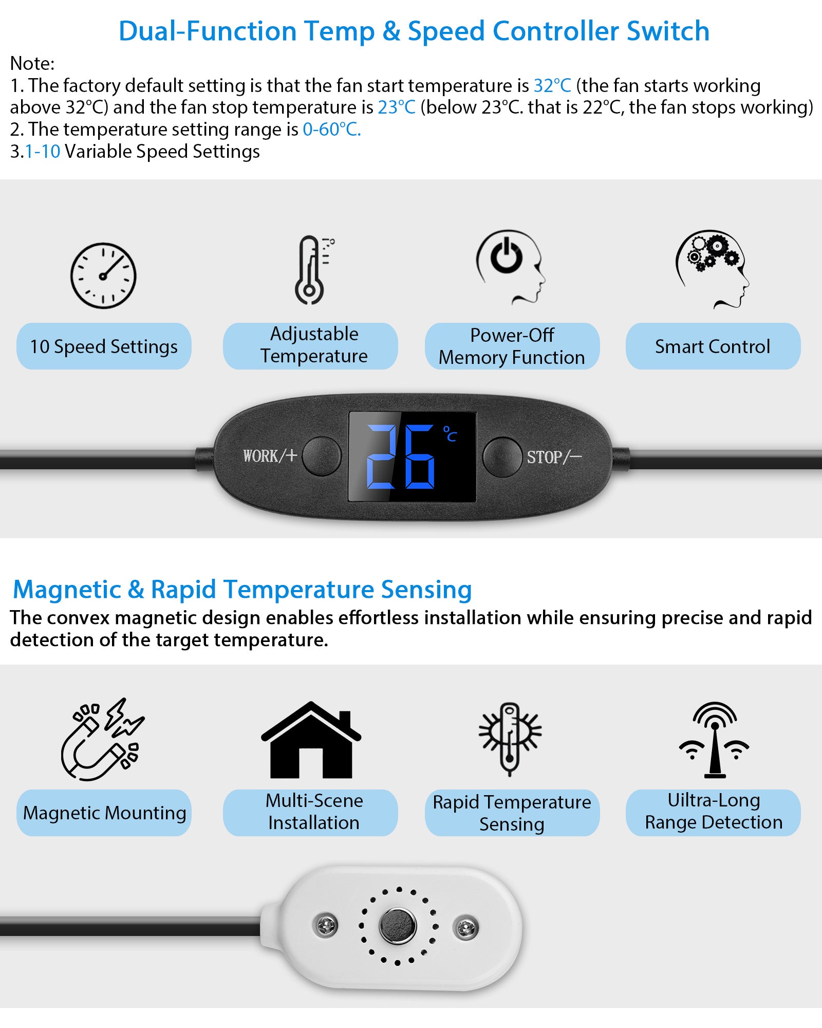 USB fan for RV by Euroharry GmbH, 120mm digital temperature-controlled ventilator, 10-speed, IPX5, gray-white, 5-12V.